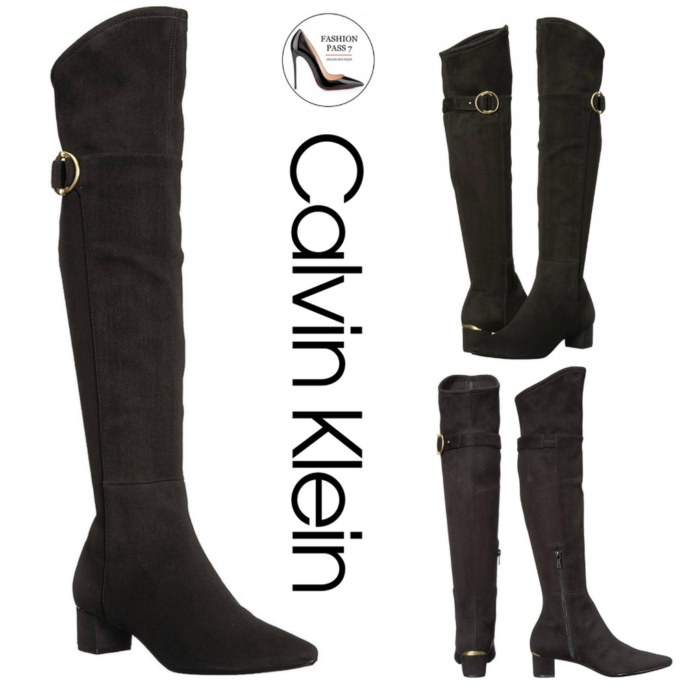 Calvin Klein Georgeanna Black Suede Over the Knee Boots Block Heel Pointed Toe